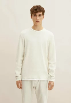 TOM TAILOR DENIMFAKE DOUBLE LAYER - Stickad Tröja - Soft Light Beige Melange